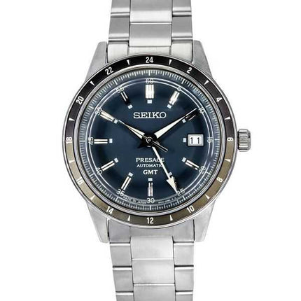Orologio da uomo Seiko Presage Style60's GMT in acciaio inossidabile con quadrante blu automatico SSK009J1