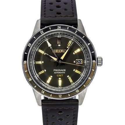 Orologio da uomo Seiko Presage Style60's GMT con cinturino in pelle di vitello e quadrante nero automatico SSK013J1