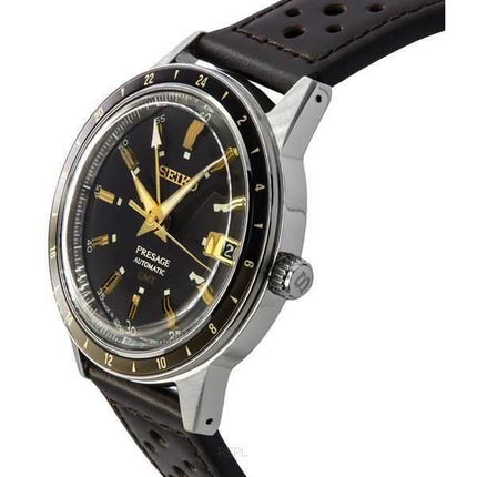 Orologio da uomo Seiko Presage Style60's GMT con cinturino in pelle di vitello e quadrante nero automatico SSK013J1