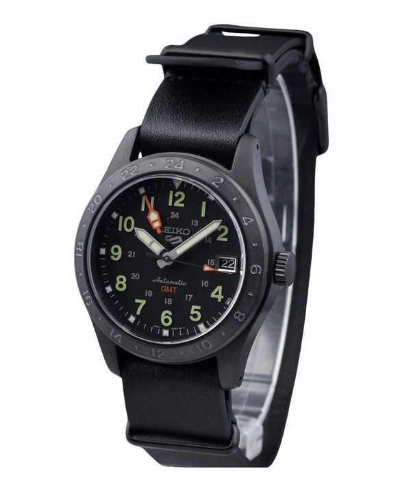 Orologio da uomo Seiko 5 Sports GMT Field Series cinturino in pelle quadrante nero automatico SSK025K1 100M