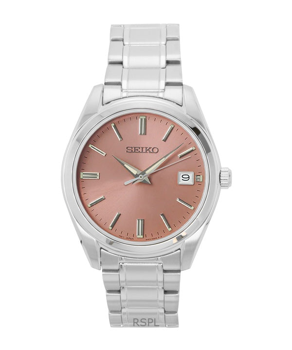 Orologio da uomo Seiko in acciaio inossidabile con quadrante color salmone, al quarzo SUR523P1, 100 m