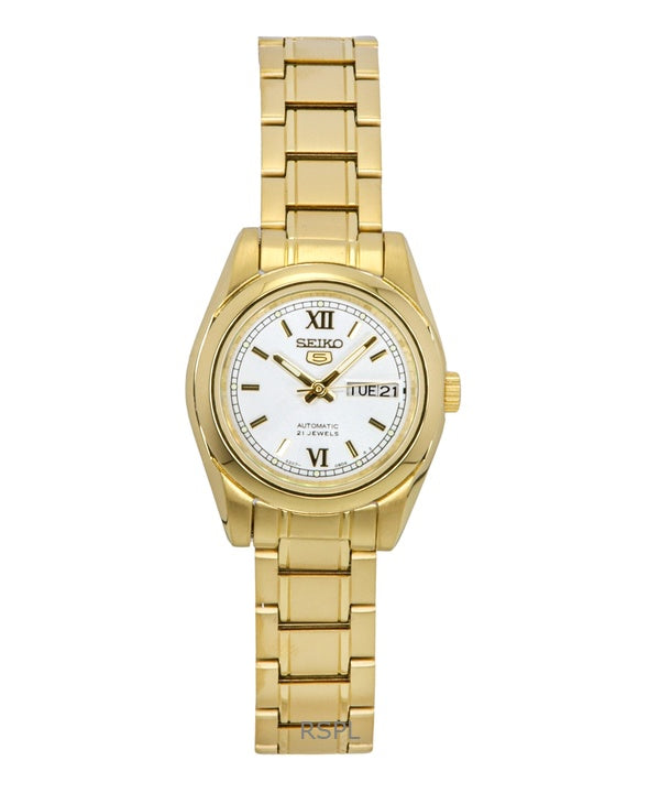 Orologio da donna Seiko 5 automatico in acciaio inossidabile color oro con quadrante bianco SYMK30K1 100M