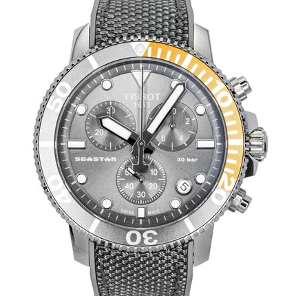 Orologio da uomo Tissot Seastar 1000 Cronografo con cinturino in tessuto, quadrante nero, movimento al quarzo subacqueo T120.417.17.081.01, impermeabile fino a 300 metri.