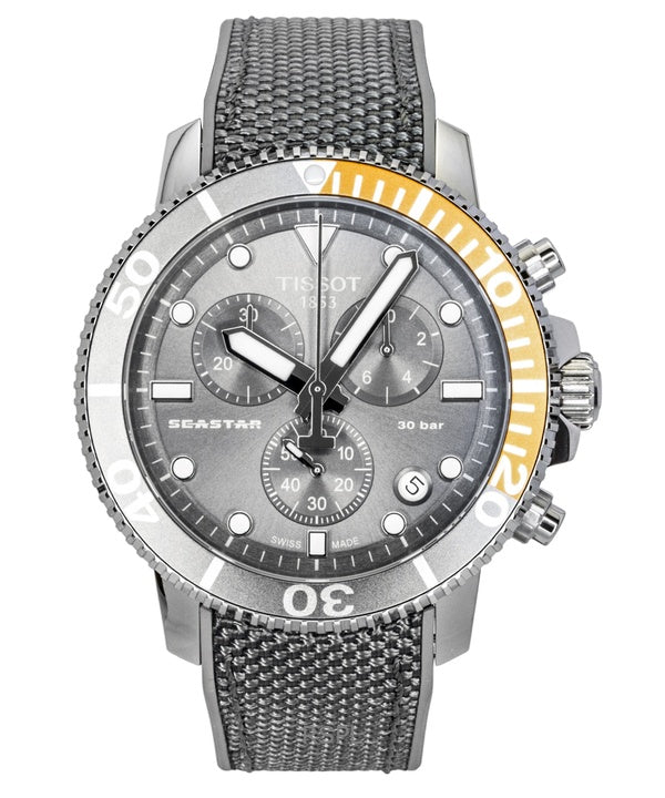 Orologio da uomo Tissot Seastar 1000 Cronografo con cinturino in tessuto, quadrante nero, movimento al quarzo subacqueo T120.417.17.081.01, impermeabile fino a 300 metri.