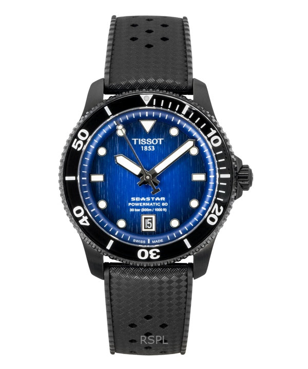 Orologio da uomo Tissot Seastar 1000 con cinturino sintetico e quadrante blu, automatico, subacqueo, T120.807.37.041.00, 300 m