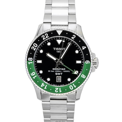 Orologio da uomo Tissot Seastar 1000 GMT in acciaio inossidabile con quadrante nero al quarzo, subacqueo, T120.852.11.051.00, 300 m
