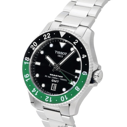 Orologio da uomo Tissot Seastar 1000 GMT in acciaio inossidabile con quadrante nero al quarzo, subacqueo, T120.852.11.051.00, 300 m