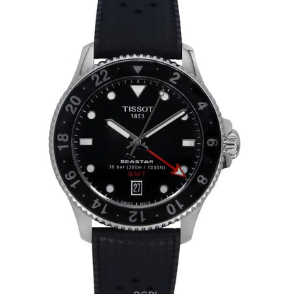 Orologio da uomo Tissot Seastar 1000 GMT con cinturino in gomma e quadrante nero al quarzo, subacqueo T120.852.17.051.00 300M