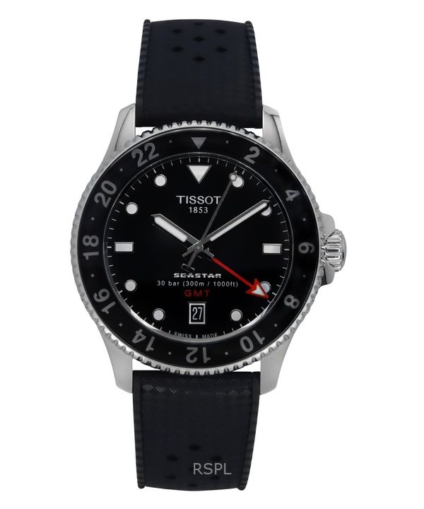 Orologio da uomo Tissot Seastar 1000 GMT con cinturino in gomma e quadrante nero al quarzo, subacqueo T120.852.17.051.00 300M