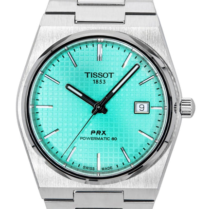 Orologio da uomo Tissot PRX Powermatic 80 in acciaio inossidabile con quadrante verde chiaro automatico T137.407.11.091.01 100M