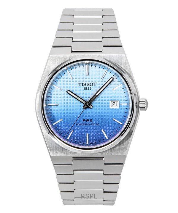 Orologio da uomo Tissot PRX Powermatic 80 Gradient in acciaio inossidabile con quadrante blu ghiaccio e camaleonte automatico T137.407.11.351.01 100M