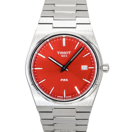 Orologio da uomo Tissot PRX al quarzo con quadrante rosso e cassa in acciaio inossidabile, modello T137.410.11.421.00, impermeabile fino a 100 metri.