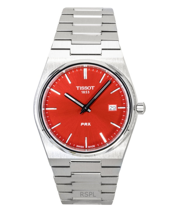 Orologio da uomo Tissot PRX al quarzo con quadrante rosso e cassa in acciaio inossidabile, modello T137.410.11.421.00, impermeabile fino a 100 metri.