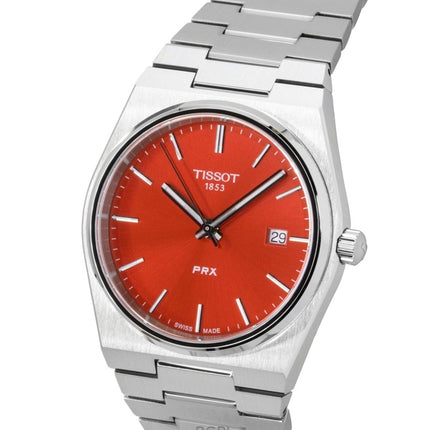 Orologio da uomo Tissot PRX al quarzo con quadrante rosso e cassa in acciaio inossidabile, modello T137.410.11.421.00, impermeabile fino a 100 metri.
