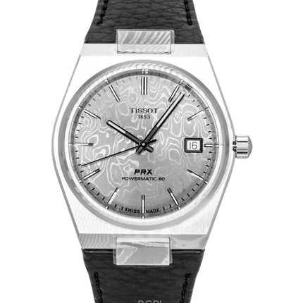 Orologio da uomo Tissot PRX in acciaio Damasco con cinturino sintetico, quadrante grigio, movimento automatico T137.807.96.081.00, impermeabile fino a 100 metri.