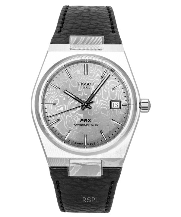 Orologio da uomo Tissot PRX in acciaio Damasco con cinturino sintetico, quadrante grigio, movimento automatico T137.807.96.081.00, impermeabile fino a 100 metri.