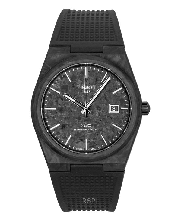 Orologio da uomo Tissot PRX con cinturino in carbonio sintetico e quadrante nero, automatico, T137.907.97.201.00, 100 m