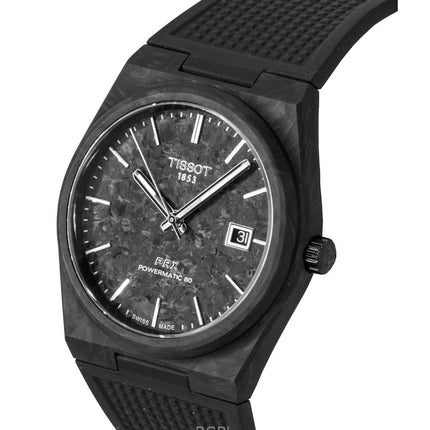 Orologio da uomo Tissot PRX con cinturino in carbonio sintetico e quadrante nero, automatico, T137.907.97.201.00, 100 m