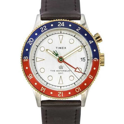 Orologio da uomo Timex Waterbury tradizionale GMT cinturino in pelle quadrante bianco al quarzo TW2U99100 100M