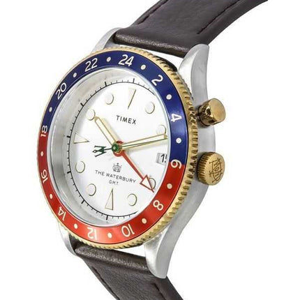 Orologio da uomo Timex Waterbury tradizionale GMT cinturino in pelle quadrante bianco al quarzo TW2U99100 100M