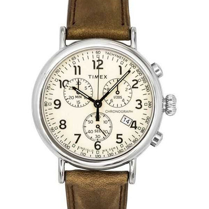 Orologio da uomo Timex Cronografo standard con cinturino in pelle quadrante beige luminoso al quarzo TW2V27600