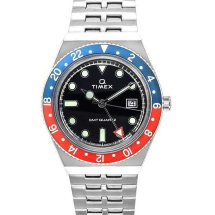 Orologio da uomo Timex Q GMT in acciaio inossidabile con quadrante nero al quarzo TW2V38000