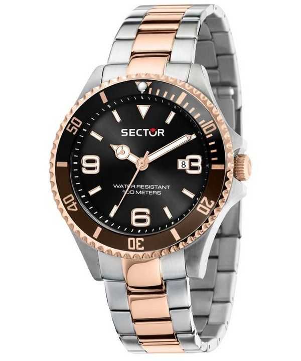 Orologio da uomo Sector 230 con quadrante nero, bicolore, in acciaio inossidabile, al quarzo, R3253161019, 100M, ricondizionato