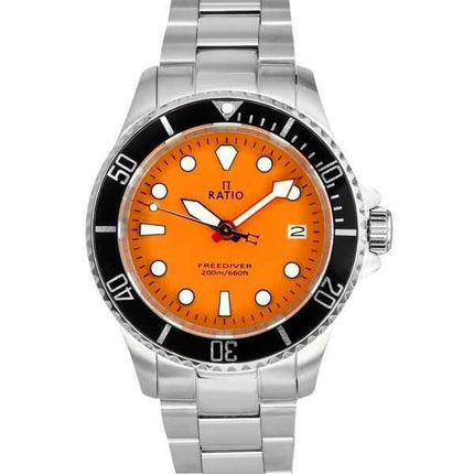 Orologio da uomo Ratio FreeDiver Sapphire in acciaio inossidabile con quadrante arancione al quarzo RTF035 200M ricondizionato
