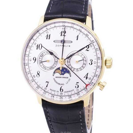 Orologio da uomo Zeppelin LZ 129 Hindenburg Moon Phase quadrante argento prodotto in Germania al quarzo 70381 ricondizionato