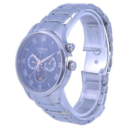 Orologio da uomo Citizen in acciaio inossidabile con fasi lunari e quadrante blu Eco-Drive AP1050-81L ricondizionato