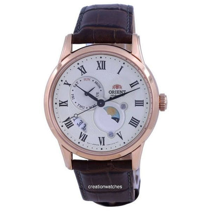 Orologio da uomo Orient Classic con cinturino in pelle, sole e luna, quadrante champagne, automatico RA-AK0007S10B, ricondiziona
