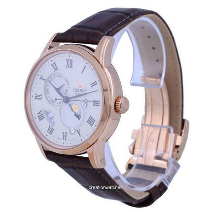 Orologio da uomo Orient Classic con cinturino in pelle, sole e luna, quadrante champagne, automatico RA-AK0007S10B, ricondiziona