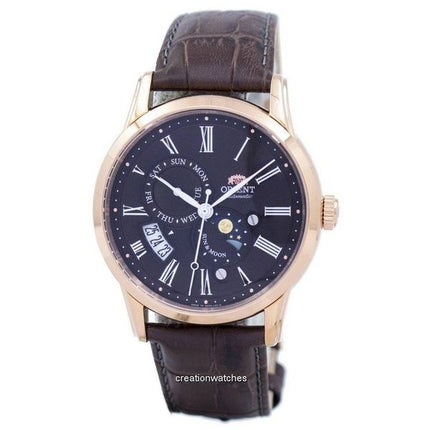 Orologio da uomo Orient Sun And Moon ricondizionato con cinturino in pelle e quadrante marrone scuro automatico SAK00003T0