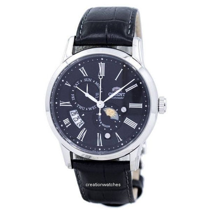 Orologio da uomo Orient Sun And Moon ricondizionato con cinturino in pelle e quadrante nero automatico SAK00004B