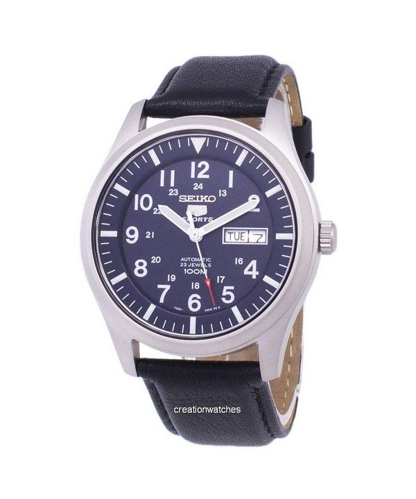 Orologio da uomo Seiko 5 Sports ricondizionato con cinturino in pelle e quadrante blu automatico SNZG11K1-var-LS10 100M
