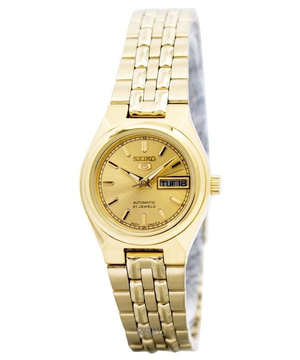Orologio da donna Seiko 5 ricondizionato in acciaio inossidabile color oro con quadrante color oro automatico SYMA04K1
