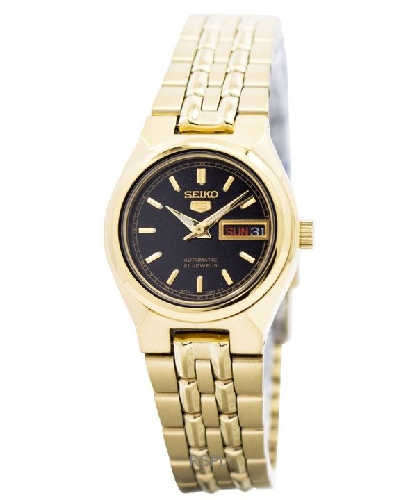 Orologio da donna Seiko 5 in acciaio inossidabile color oro ricondizionato con quadrante nero automatico SYMA06K1