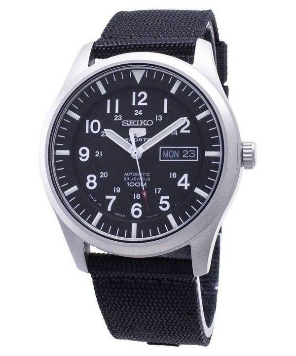Orologio da uomo Seiko 5 Sports ricondizionato con cinturino in nylon e quadrante nero automatico SNZG15J1 100M