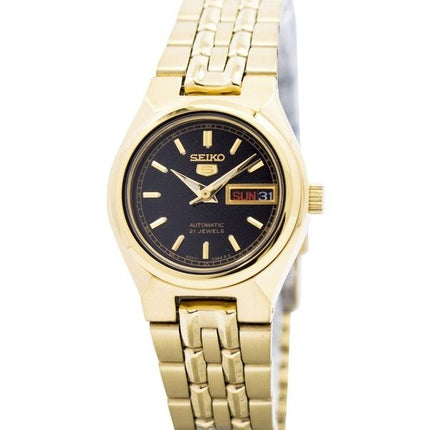 Orologio da donna Seiko 5 ricondizionato in acciaio inossidabile color oro con quadrante nero automatico 21 gioielli SYMA06K1