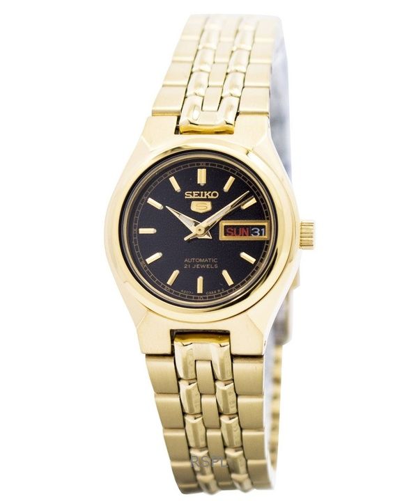 Orologio da donna Seiko 5 ricondizionato in acciaio inossidabile color oro con quadrante nero automatico 21 gioielli SYMA06K1