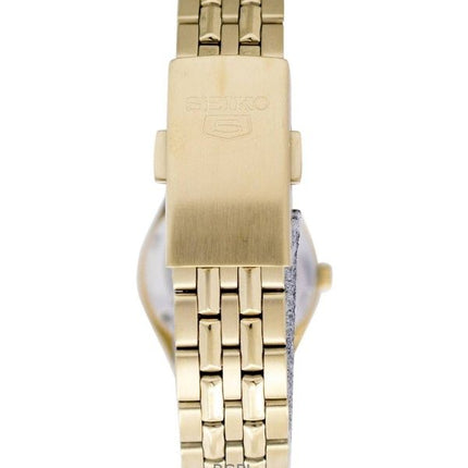 Orologio da donna Seiko 5 ricondizionato in acciaio inossidabile color oro con quadrante nero automatico 21 gioielli SYMA06K1