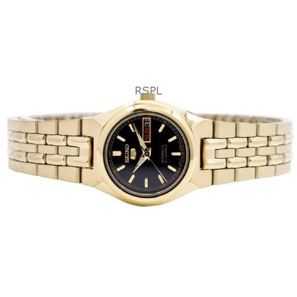 Orologio da donna Seiko 5 ricondizionato in acciaio inossidabile color oro con quadrante nero automatico 21 gioielli SYMA06K1