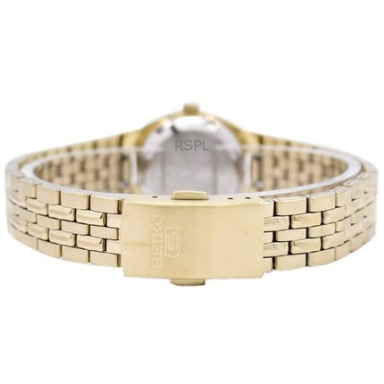 Orologio da donna Seiko 5 ricondizionato in acciaio inossidabile color oro con quadrante nero automatico 21 gioielli SYMA06K1