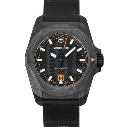 Orologio da uomo Victorinox INOX con cinturino in gomma e quadrante nero, automatico, subacqueo 200 m, 242023-1, con set regalo.