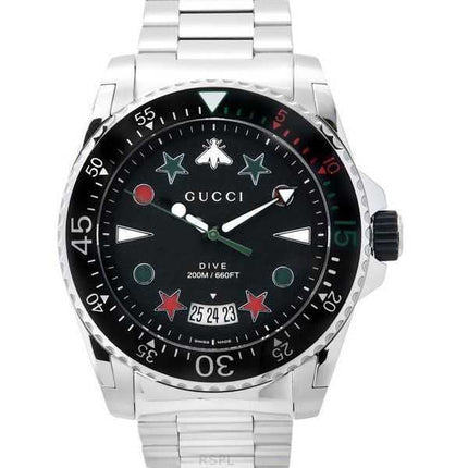 Orologio da uomo Gucci Dive in acciaio inossidabile con quadrante nero al quarzo, subacqueo YA136221 200M
