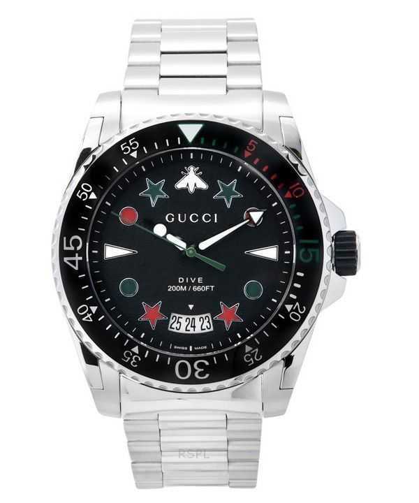 Orologio da uomo Gucci Dive in acciaio inossidabile con quadrante nero al quarzo, subacqueo YA136221 200M