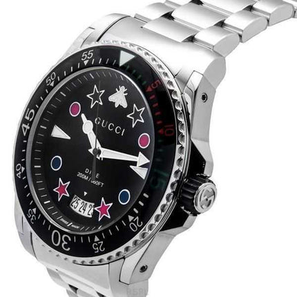Orologio da uomo Gucci Dive in acciaio inossidabile con quadrante nero al quarzo, subacqueo YA136221 200M