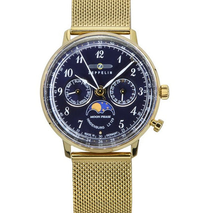 Zeppelin LZ 129 Hindenburg Moon Phase Oro Acciaio inossidabile Quadrante blu Quarzo 7039M2 Orologio da uomo