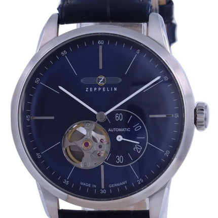 Orologio da uomo Zeppelin Flatline cuore aperto quadrante blu cinturino in pelle automatico 7364-3 73643