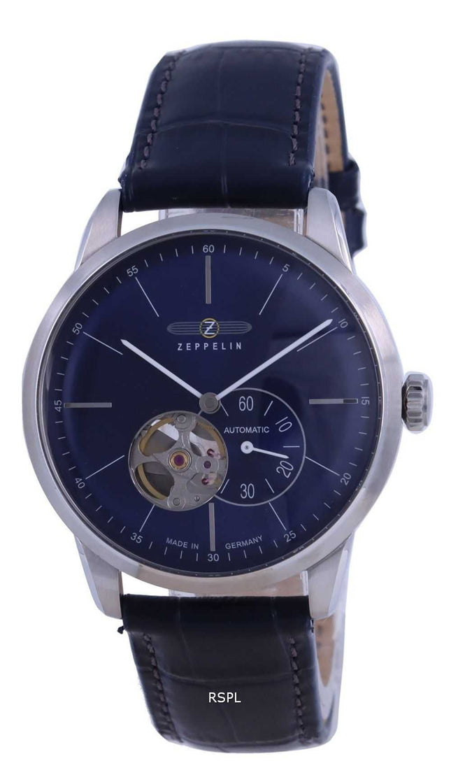 Orologio da uomo Zeppelin Flatline cuore aperto quadrante blu cinturino in pelle automatico 7364-3 73643